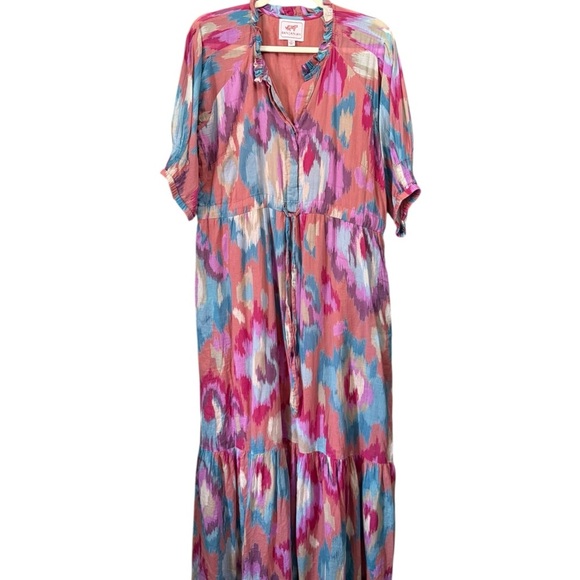 Banjanan Betty Abstract Ikat Print Pink Blue Medi Dress Organic Cotton Dress XL - Picture 5 of 9